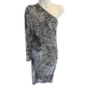 NWT BCBG one arm geometric black white formal  chic size S midi dress Asymmetric